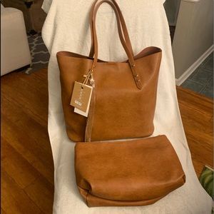 Cognac tote and cosmetic bag,